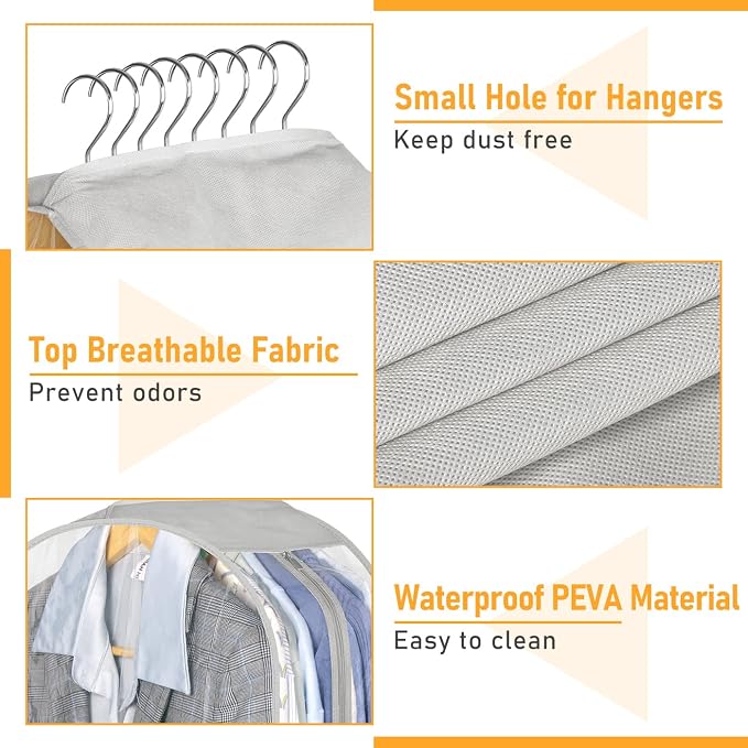 MISSLO 10" Gusseted Garment Bags for Hanging Clothes 40" Clear Suit Bags for Closet Storage Suits Cover Coat Protector, 3 Packs, Grey - Image 6