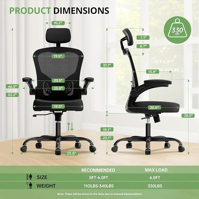 Office Chair Ergonomic Desk Chair, 330LBS Capacity, High Back Computer Chair for Long Hours Comfortable, Rolling Swivel Executive Task Chair for Home Office with Flip-up Armrests, Black - Image 2