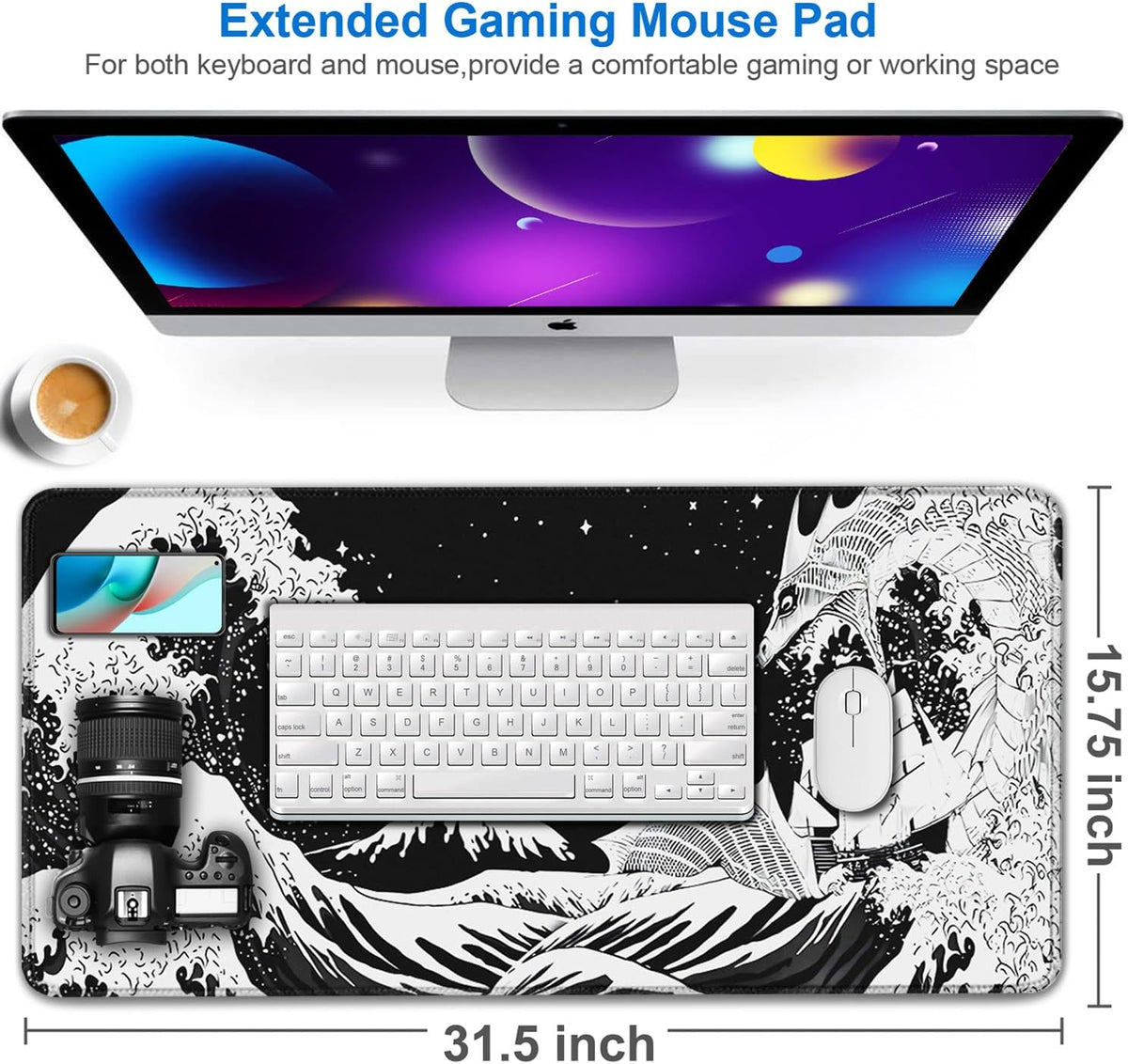 Gaming Mouse Pad, 31.5x15.7 inch Large Extended Computer Keyboard Mouse Mat, Water Resist Non-Slip Mousepad Rubber Base Long XXL Desk Mouse Pad for Gaming, Office & Home, Dragon - Image 2