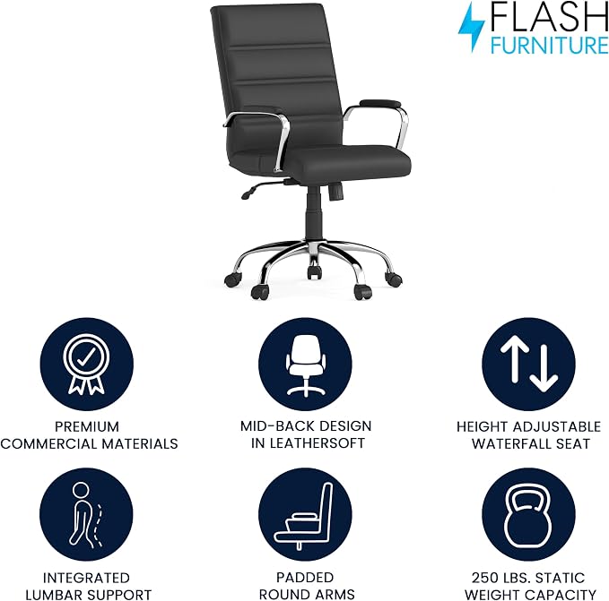 Flash Furniture Mid-Back Black LeatherSoft Executive Swivel Office Chair with Chrome Base and Arms - Image 4