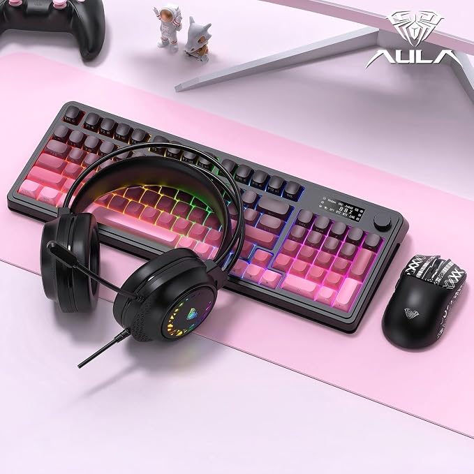 AULA S99 Pro Keyboard, Wireless Keyboards with Media Knob Custom RGB Backlit, 3-Modes BT/2.4G/USB-C Membrane Gaming Creamy Keyboard for Windows/MAC/PC Gamer - Black Pink - Image 5