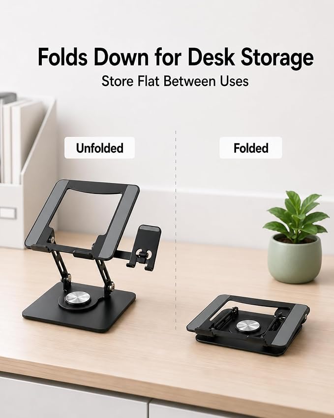 2-in-1 Laptop Stand with Phone Holder, 360° Swivel Laptop Riser for Desk | Fits 10-16 Inch Laptops, Height and Angle Adjustment, Carbon Steel Frame, Silicone Contact Pads, Fold-Flat Storage, 1 Pack - Image 6