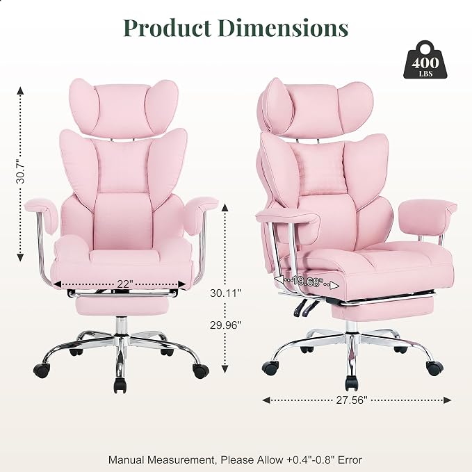 Pink Office Chair 400 LBS, for Women, Home Office | Big and Tall, PU Leather, Executive Ergonomic Desk Chair with Footrest, Lumbar Support, Wide Seat ,Reclining, Swivel Wheels - Image 3