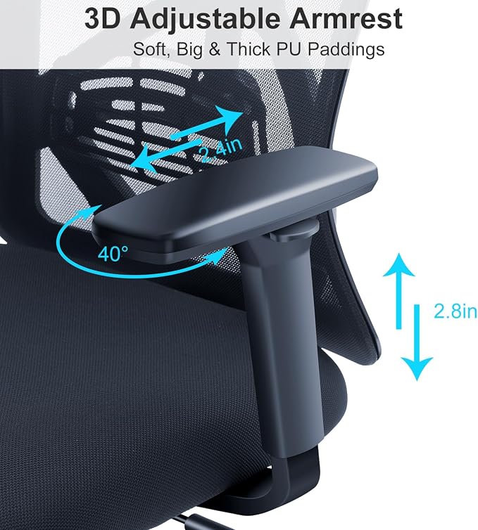 Ticova Ergonomic Office Chair - High Back Desk Chair with Adjustable Lumbar Support & 3D Armrest - 130°Reclining & Rocking Mesh ComputerChair with Thick Seat Cushion & Rotatable Headrest - Image 2