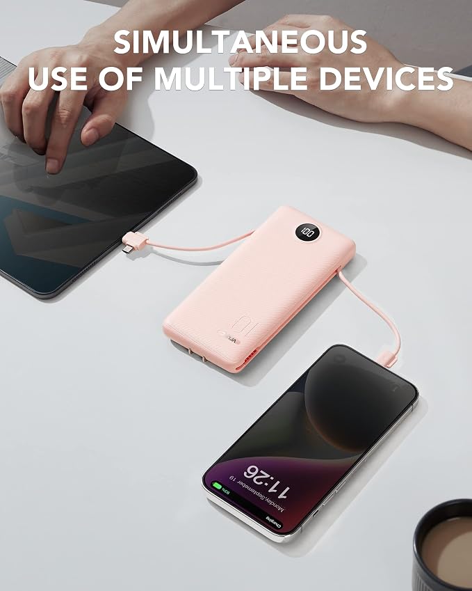 VRURC Portable Charger, Power Bank Built-in Cables and AC Wall Plug | USB C Power Bank 10000mAh Travel Essentials Phone Charger Compact External Battery Pack For Smart Phones, Tablets etc-Pink - Image 6