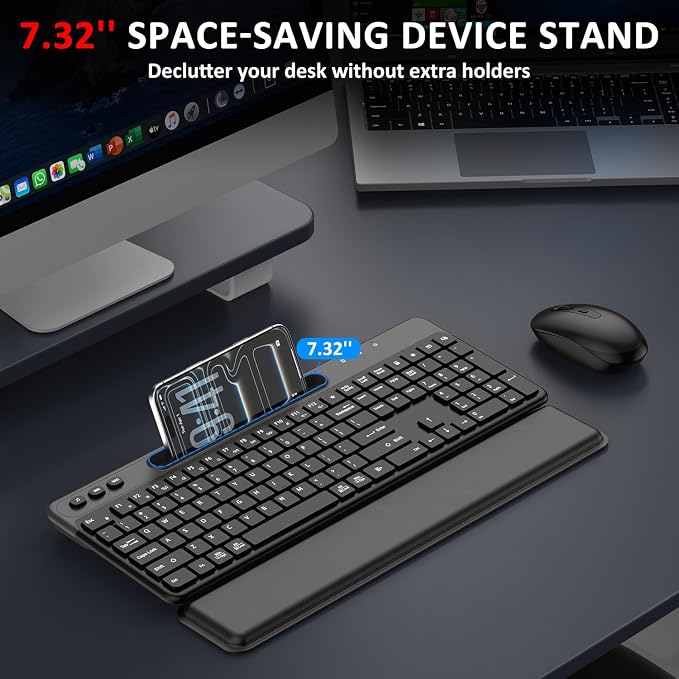 Wireless Keyboard and Mouse Combo 2.4G Ergonomic Silent for Office and Home | Full Size Ergonomic Keyboard with Removable Wrist Rest, Phone Holder, 3-Level DPI Mouse for Windows Mac OS Desktop/Laptop/PC - Image 4