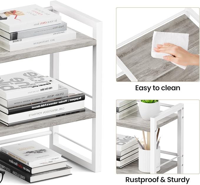 Office Desk Shelf Organizer, Wood Desktop Bookshelf Supplies Storage Rack, Shelf for Top of Desk and Dresser (Grey-2 Tier) - Image 6