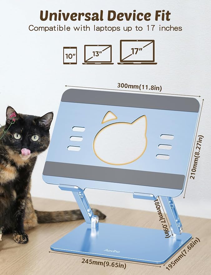 Aoviho Laptop Stand for Desk – Adjustable Aluminum Laptop Riser with Unique Cat-Shaped Cooling Vent, Portable Desk Gift & Decor, Compatible with MacBook Air Pro, Dell, HP, Lenovo (10"-17.3"), Sky Blue - Image 5