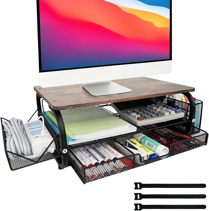 Desk Organizers and Accessories Monitor Riser, Monitor Stand with Drawer (2-Tier Drawers) with Large Side Storage Rack & Cable Management,66LBS/30KG, Office Organization, Walnut Brown by Bingyouth