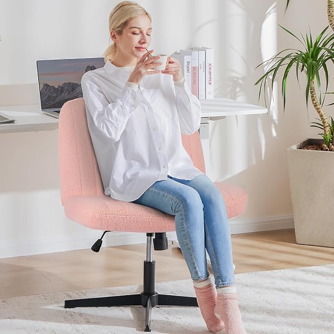 OLIXIS Criss Cross Chair, Vanity Chair, Home Office Desk | Cute Furry Teddy Fleece, Height Adjustable, Armless Wide Seating for Bedroom Student Study Room,Teddy Pink No Wheel - Image 8