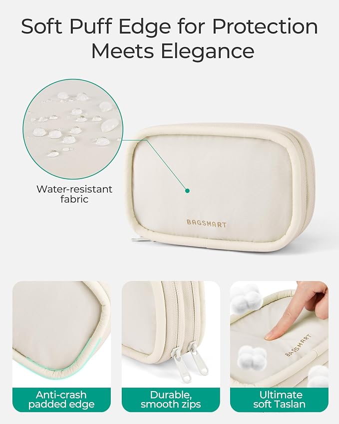 BAGSMART Electronics Organizer Travel Case for Cords Chargers Phones, Beige | Puffy Padded, Travel Essentials, Cord organizer bag for Cables, Compact Tech Accessories Pouch - Image 5