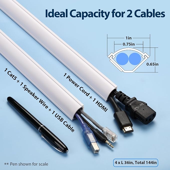 ZhiYo 12ft Corner Cable Hider for 2 Cords, Hide Wires in Wall Corners White | Self-Adhesive Cable Concealer, 4 Pack (3ft Each), Quarter Round Cable Management Raceway for Baseboards & Ceiling Corners - Image 2