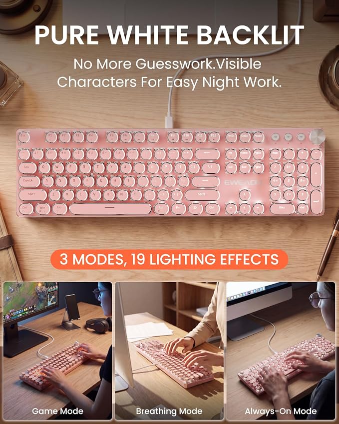 SEUNKWANG Wired Typewriter Keyboard and Mouse Combo, Retro Mechanical Keyboard with Multimedia Knob, White Backlit, Metal Panel, Low Noise Pink Switch Keyboard Mouse Set for PC Laptop - Pink - Image 3