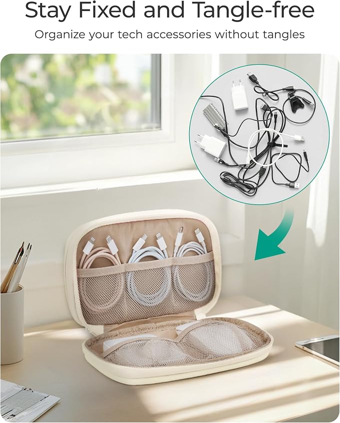 BAGSMART Electronics Organizer Travel Case for Cords Chargers Phones, Beige | Puffy Padded, Travel Essentials, Cord organizer bag for Cables, Compact Tech Accessories Pouch - Image 2
