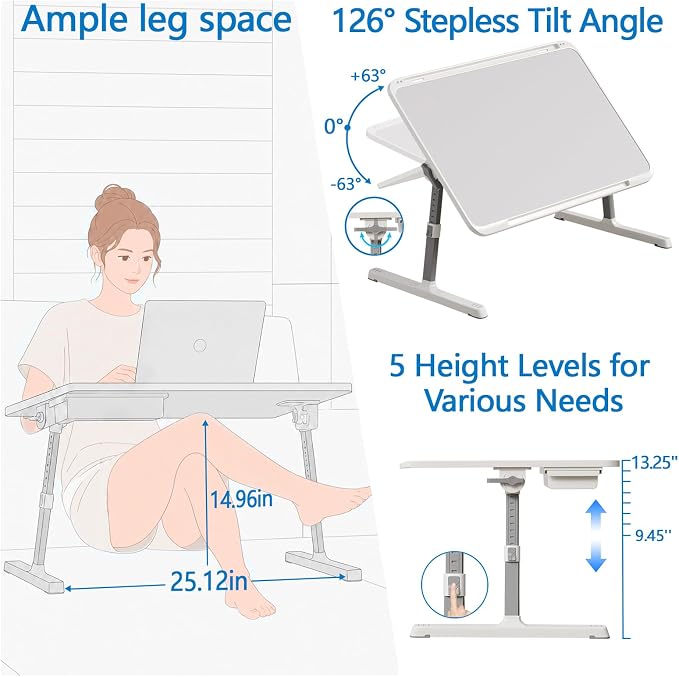 Potuopy Adjustable Lap Desk, Large Smooth Easy-Clean Wood Grain Desktop, Foldable Laptop Bed Tray Table with Storage Drawer, Portable Laptop Stand Fits 17" Laptop for Bed Couch Floor (Grey) - Image 3
