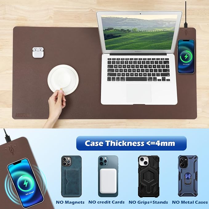 Wireless Charging Desk Mat, Mouse Pad, Brown-R, 36x17 inch - Image 6
