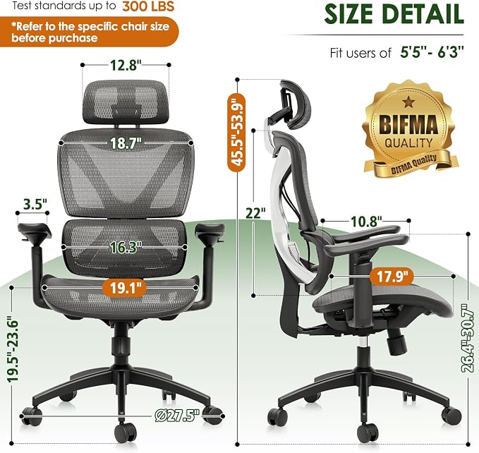 Ergonomic Office Chair, Big and Tall Mesh Chair with Lumbar Support, 3D armrest - 215° Rotation, Adjustable Headrest & Soft Seat, Durable Desk Chair 350LBS for Work Gaming Computer,Grey - Image 2