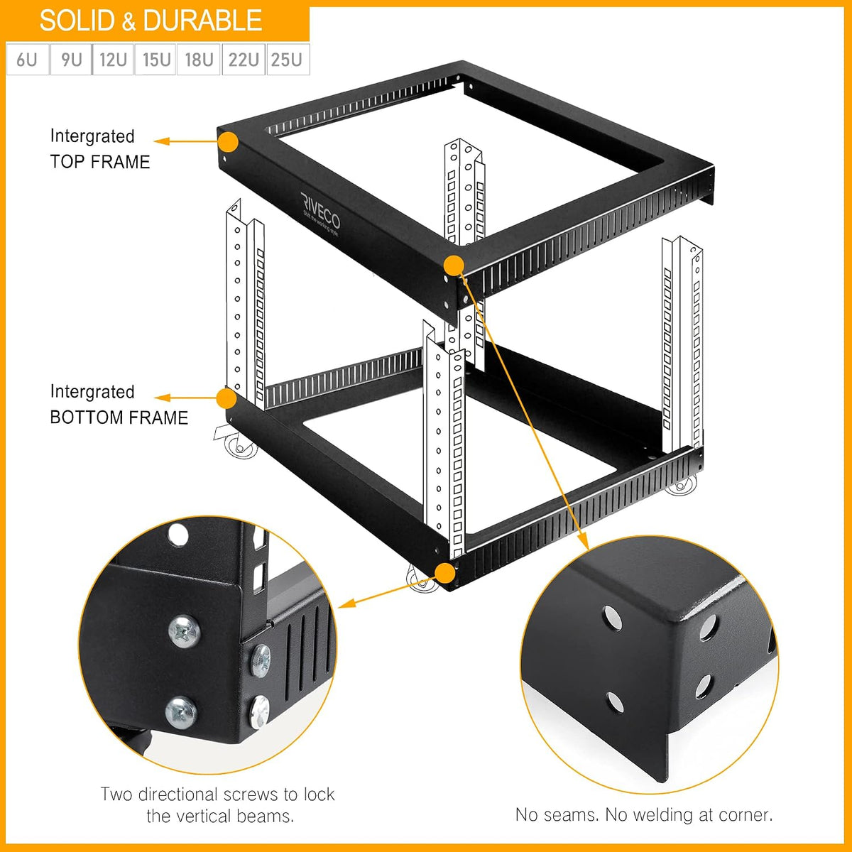12U Server Rack Open Frame with Casters-RIVECO 4 Post Quick Assembly 19-inch, Data Rack Network Shelf Cabinet Heavy Duty Black - Image 2