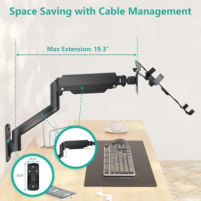 WALI Laptop Wall Mount for 17" Notebook and Up to 32" Screen | Full Motion Adjustable Monitor Wall Arm with Laptop Tray, VESA 75x75/100x100mm, Up to 15.4-22 Lbs (GSWM001LP), Black - Image 5