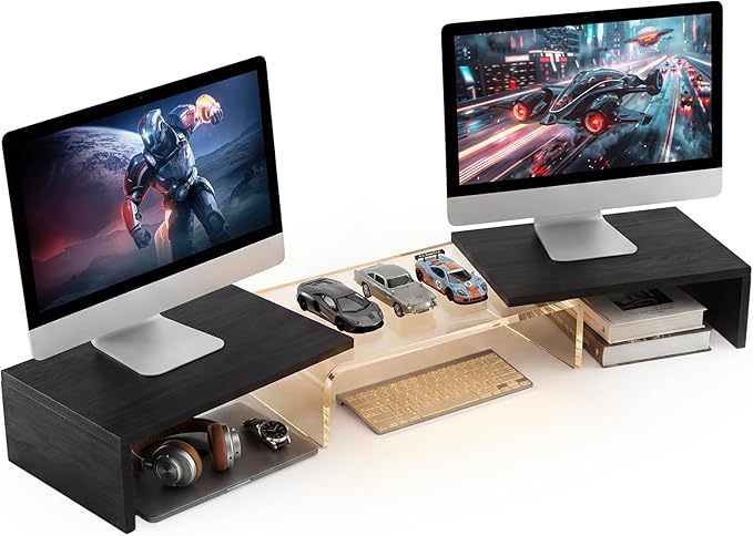 Dual Monitor Riser, Acrylic Monitor Riser with Keyboard Storage, Adjustable Angle & Length Computer Monitor Stand, Wide Desk Shelf for Top of Desk for Home Office_Black Maple Look by Bingyouth