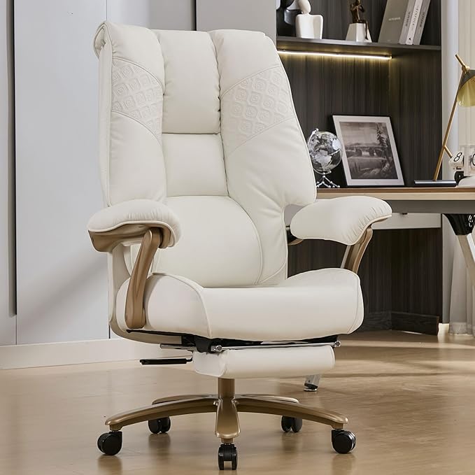 EXCEBET Big and Tall Executive Office Chair with Footrest, 400LBS Capacity Ergonomic High-Back Desk Office Chair with Lumbar Support, Padded Armrests & Thick Cushion, White PU Leather Chairs by EXCEBETOFFICECHAIR