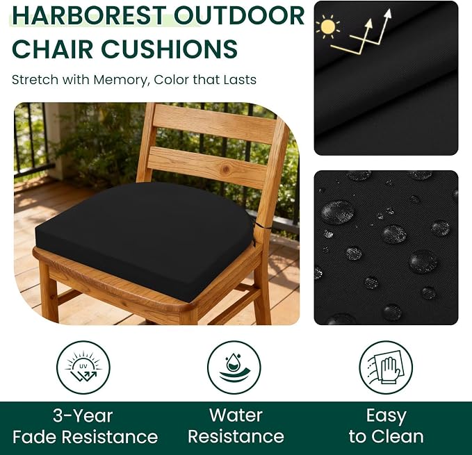 HARBOREST Outdoor Chair Cushions Set of 4, Water Resistant Patio Chair Cushions with Ties, Outdoor Seat Cushions for Patio Furniture, 17"x16"x2", Black - Image 2