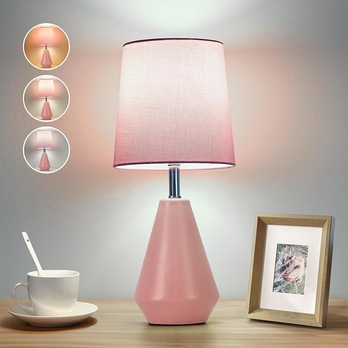 Small Bedside Table Lamp for Bedroom - Reading Desk Lamp with 3 Color Temperatures，15.5" Nightstand Ceramic Lamp with Fabric Shade for Kids Room,Living Room,Dorm,Home Office (Pink) - Image 9