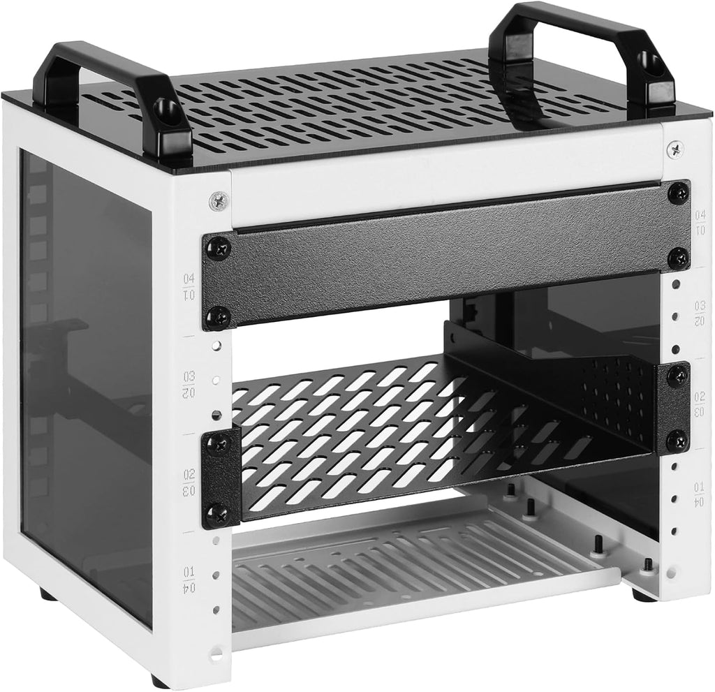 4U 10-Inch Mini Network Rack, White, 7.87" Deep Open Frame Rack with Acrylic Panels and Carry Handles, Includes 1x Vented Shelf and 1x Blank Panel by RackPath