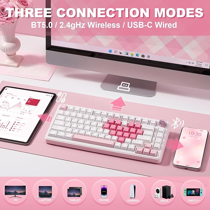 YUNZII B75 PRO 75% Wireless Mechanical Keyboard (White Heart,Cocoa V2) | Hot Swap Keyboard with Knob, Gasket Mount, Creamy Pre-lubed Switch for Smooth Typing, BT/USB-C/2.4G, for Gaming - Image 3