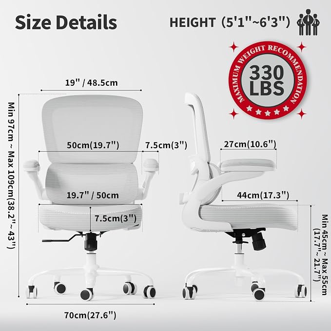 TRALT Ergonomic Office Chair Desk Chair with Adjustable Lumbar Support | Desk Chair Comfy with Flip-up Armrests Ergonomic Chair - Mesh Computer Chairs for Adults, 330lbs, PU Leather (White, 1) - Image 2