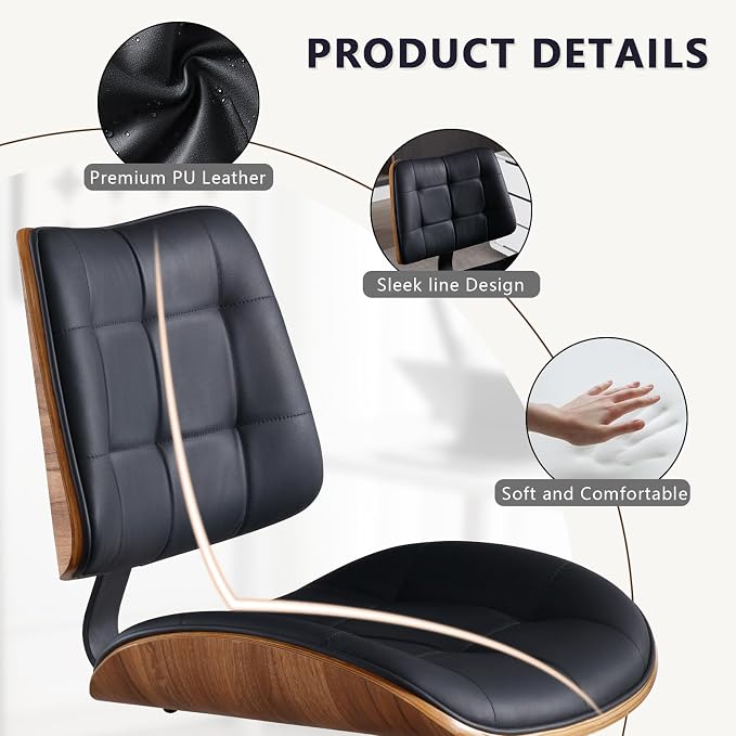 Home Office Desk Chair with Rubber Wheels, Armless Bentwood, Black | Adjustable Height Armless Office Chair, PU Leather Mid Back 360°Small Computer Chair, No Arms Walnut Seating, 300LBS Support - Image 7