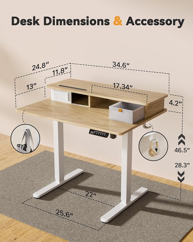 JOY worker 35" Small Electric Standing Desk with Monitor Stand & Drawer | Light Walnut 35" x 25" Height Adjustable Desk for Tight Space, Shutter Door & Shelf, Sit Stand Desk with 2 Hooks, Home Office - Image 2