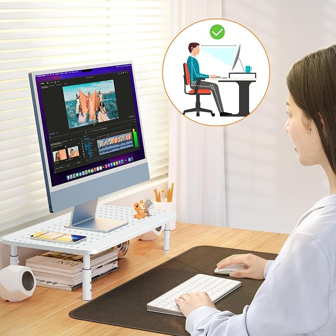 Monitor Stand Riser, Metal Computer Stand, 3 Height Adjustable Screen Riser with Mesh Platform for PS4, Laptop, Printer, Notebook and All Flat Screen, Holds Up to 20KG,White - Image 6