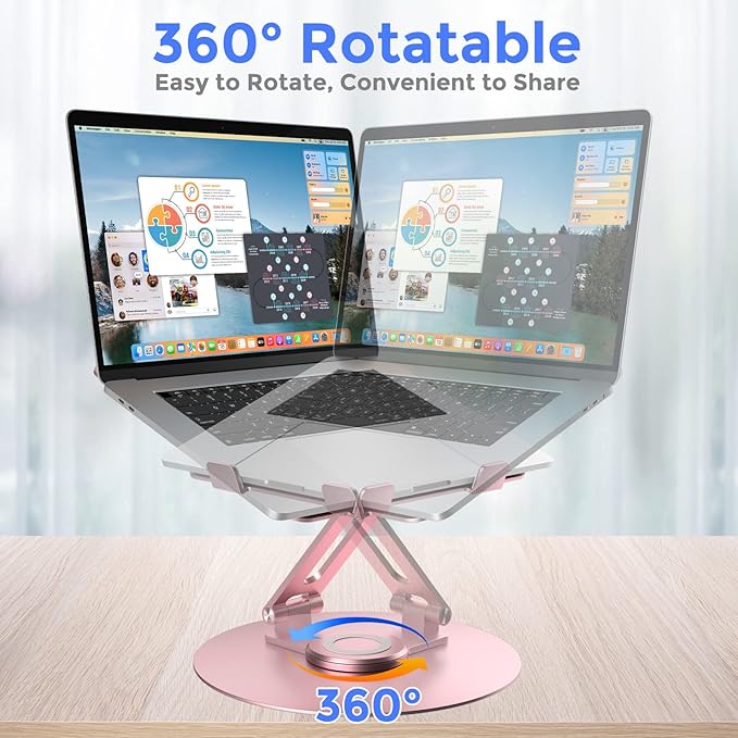 Swivel Laptop Stand for Desk, Adjustable Height Aluminum Computer Stand with 360 Rotating Base, Foldable Ergonomic Riser, Portable Laptop Holder Compatible with MacBook, All Laptops 10-17'', Pink - Image 2