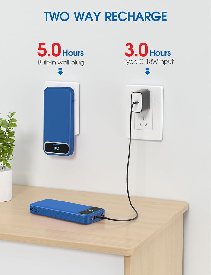 Nusyddy Portable Charger 12000mAh Fast Charging w/Built-in Wall Plug Navy | 22.5W Fast Charging, LED Display, Pass Through Charging, TSA Approved, Portable & Slim, Power Bank for iPhone, Samsung - Image 7
