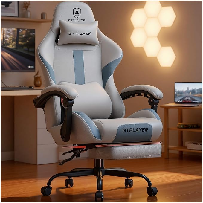 GTPLAYER Gaming Chair with Foot Rest & Pocket Spring Cushion, Ergonomic High Back Computer Desk Chair with Headrest & Lumbar Support for Back Pain Relief, Breathable Fabric, Mist-Blue by GTPLAYER