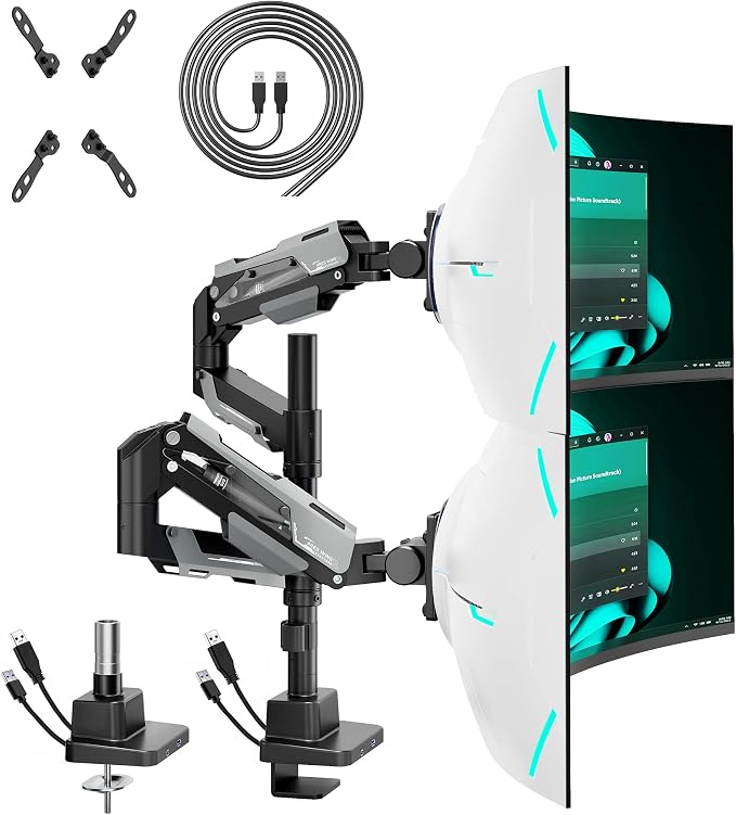 ARES WING Heavy Duty Dual Monitor Mount with USB for 24-57 Inch, Black | Adjustable Stacked Gas Spring Desk Mount for 2 Ultrawide Screens, VESA 75/100/200mm Mount by ARESWING
