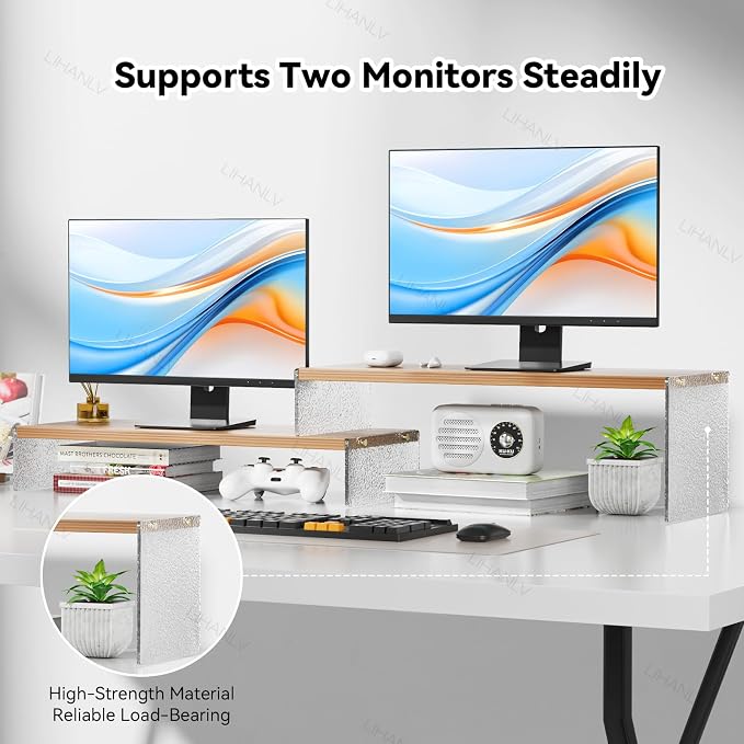 YGYQZ Adjustable Monitor Stand Riser, 7.67"×19.3" Dual Monitor Desk Stand | Adjustable Monitor Riser, Expandable Desk Organizer, 2-Tier Storage, Acrylic Legs, Ergonomic Workspace, Wood Glacial Striae - Image 3