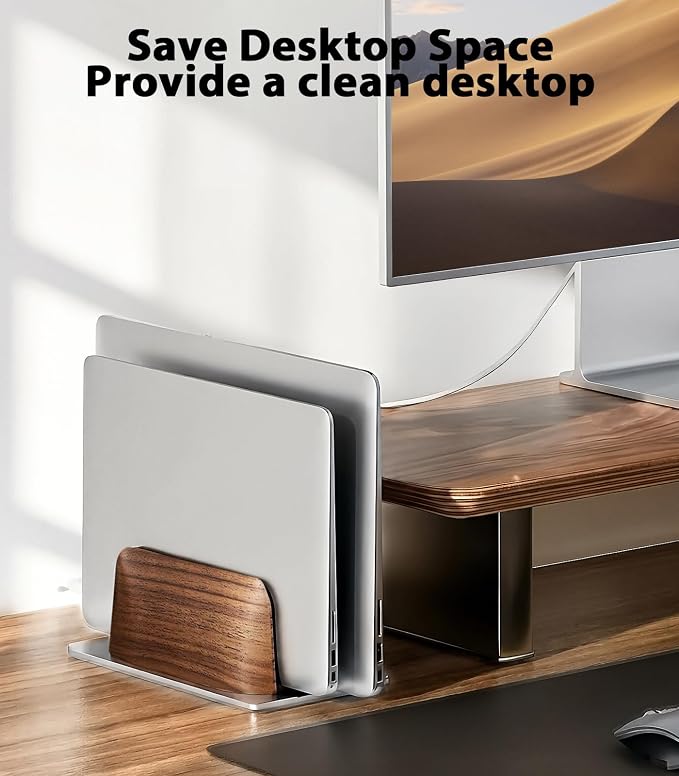 LOXP Vertical Laptop Stand, Dual Slot Wooden + Aluminum Laptop Holder | Desktop Adjustable MacBook Stand, Adjustable Base, for MacBook Pro/Air, (up to 17.3-inch All laptops) - Image 2