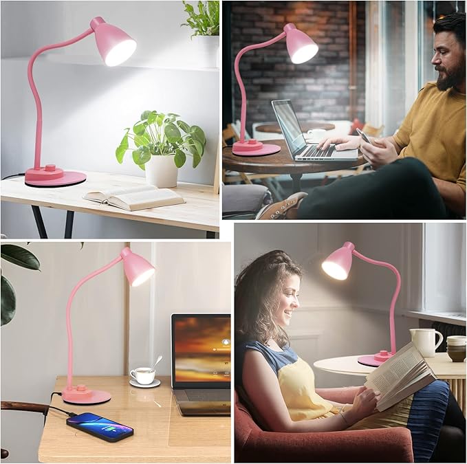BOHON Cute Desk Lamp with USB Charging Port, 3 Color Modes Dimmable, Pink | Pink Lamp LED Reading Lamp, Flexible Neck Auto Dimming Table Task Light for Home Office Dorm Bedside - Image 8