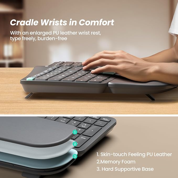 Nulea Ergonomic Split Keyboard Wireless Cushioned Wrist Rest Rechargeable | Bluetooth 2.4G Keyboard With 3 Device Switching, Adjustable Tilt Legs, Comfortable Design for Windows and Mac - Image 5