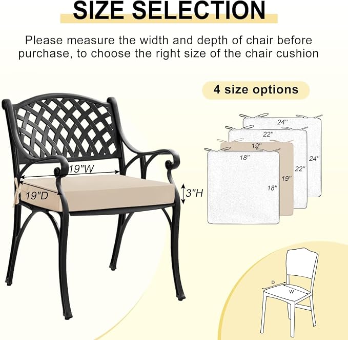 downluxe Waterproof Outdoor Chair Cushions Set of 4, 19" x 19" x 3" Patio Chair Cushion with Non-Slip Ties & Handle, Square Outdoor Cushion for Patio Furniture with Removable Cover, Beige - Image 6