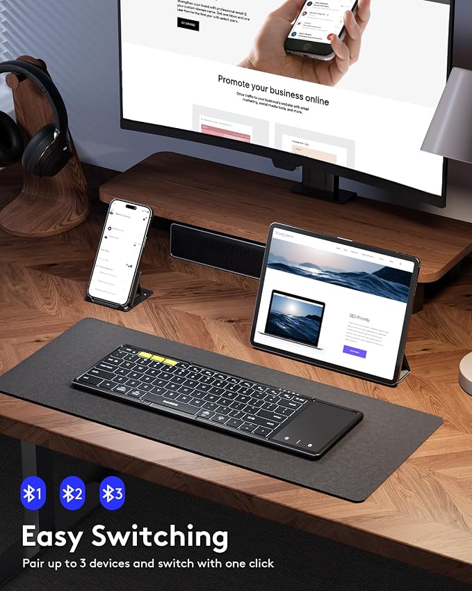 Samsers Full-Size Backlit Foldable Bluetooth Keyboard with Touchpad, Black | 7-color illuminated, BT5.1 x 3, Multi-touch Trackpad, PU Leather Cover, Phone Holder, Mouse click, Velvet bag, Mobile Work - Image 2
