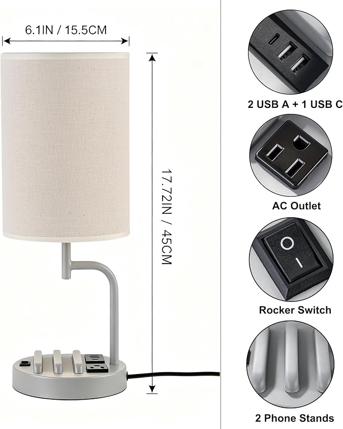 Dreamholder 2 Pack Table Lamp, Bedside Lamp with 3 USB Charging Ports & AC Outlet, USB Desk Lamp with 2 Phone Holders, Linen Fabric Shade Nightstand Lamps for Bedroom Living Room Office, Gray - Image 2