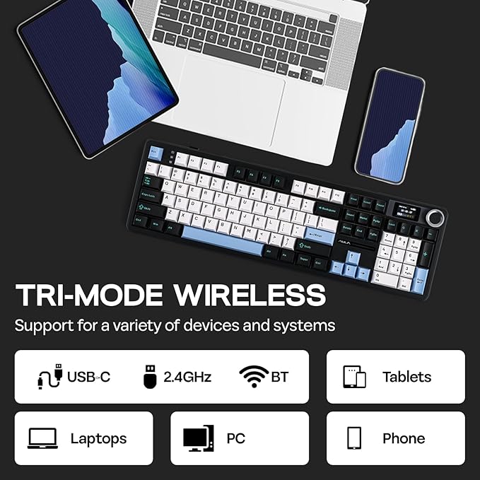 EPOMAKER X Aula F108 PRO Wireless Gaming Keyboard with Screen, 8000mAh Battery, 104 Hot-Swappable and Programmable Keys and Knob, RGB Backlight, for Mac/PC/Android (Blue&White&Black) - Image 6