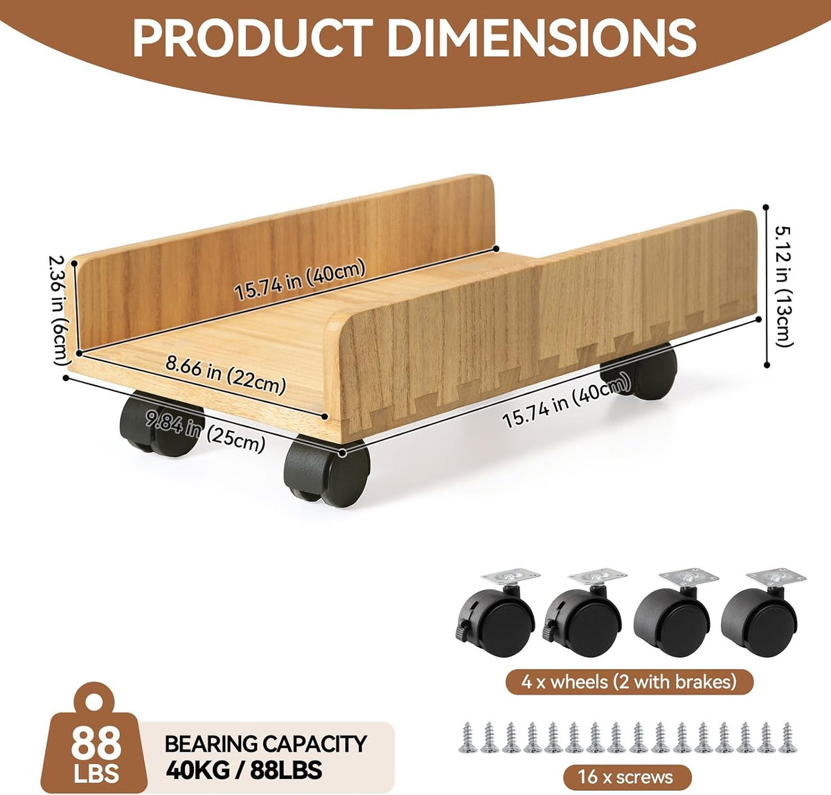 KIRIGEN Wood Computer Tower Stand with Wheels, Rolling PC Cart, Natural - Image 3