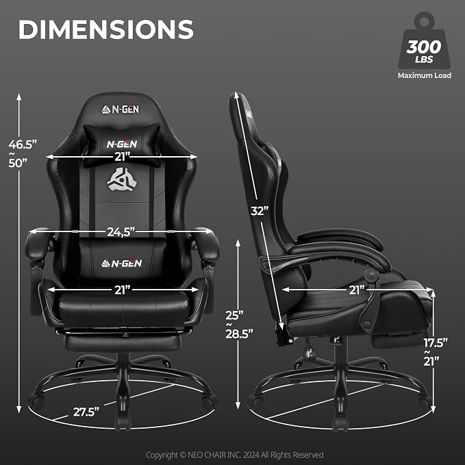N-GEN GAMING Gaming Chair with Footrest, Lumbar, High-Back, All Black | Reclining Backrest, Linkage Armrests, Durable PU Leather, Adjustable Comfort for Extended Computer, Desk, or Home Office Use - Image 3
