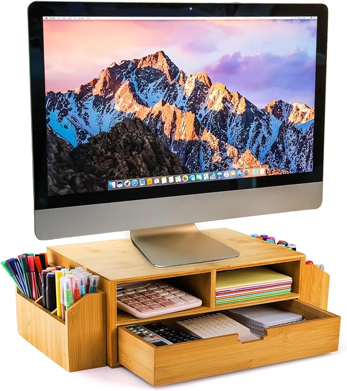 Hiceeden 2 Tier Bamboo Desktop Organizer, Desk Monitor Stand Riser with 1 Drawer and 2 Pen Holder, 2 Compartment Computer Desk Storage Organizer for Laptop, Printer by Hiceeden