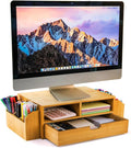 Hiceeden 2 Tier Bamboo Desktop Organizer, Desk Monitor Stand Riser with 1 Drawer and 2 Pen Holder, 2 Compartment Computer Desk Storage Organizer for Laptop, Printer by Hiceeden