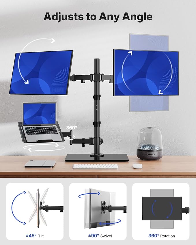 HUANUO Dual Monitor Stand with Laptop Desk Mount, Freestanding Glass Base | Fits 13-32 Inch Screens, Up to 17 Inch Laptop, 22 lbs/Monitor Arm, 19.8 lbs/Tray Arm, 2 Setup Options, VESA 75x75/100x100mm - Image 4